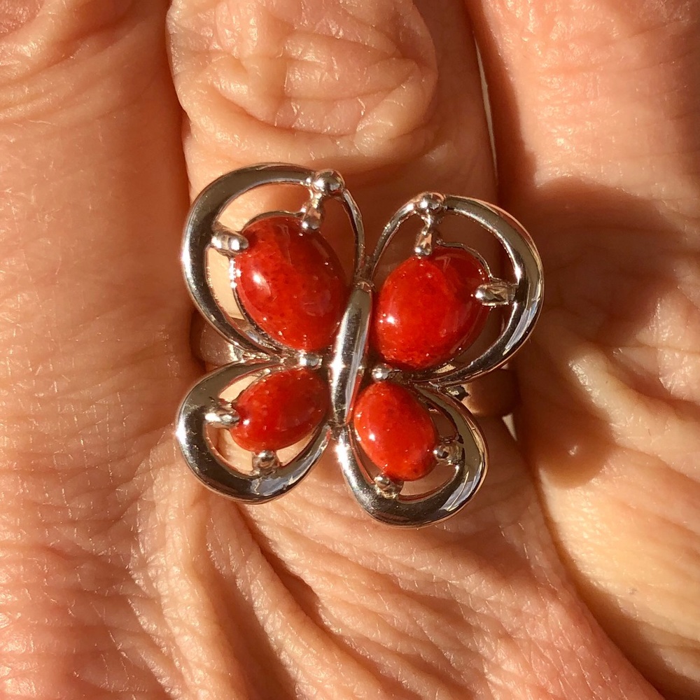 Gem insider orange sponge coral butterfly ring
